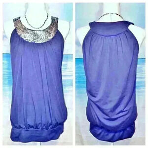 RACHAEL & CHLOE Womans TUNIC BLUE w/ SILVER Bling Neckline size Med